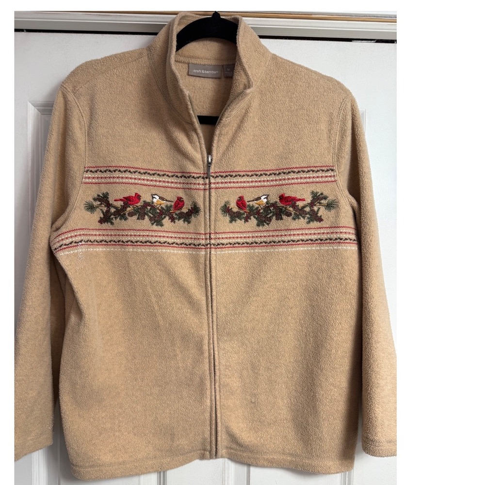 Croft & Barrow Fleece Zip Up‎ Jacket Tan Cardinal Bird Embroidery Size M spots